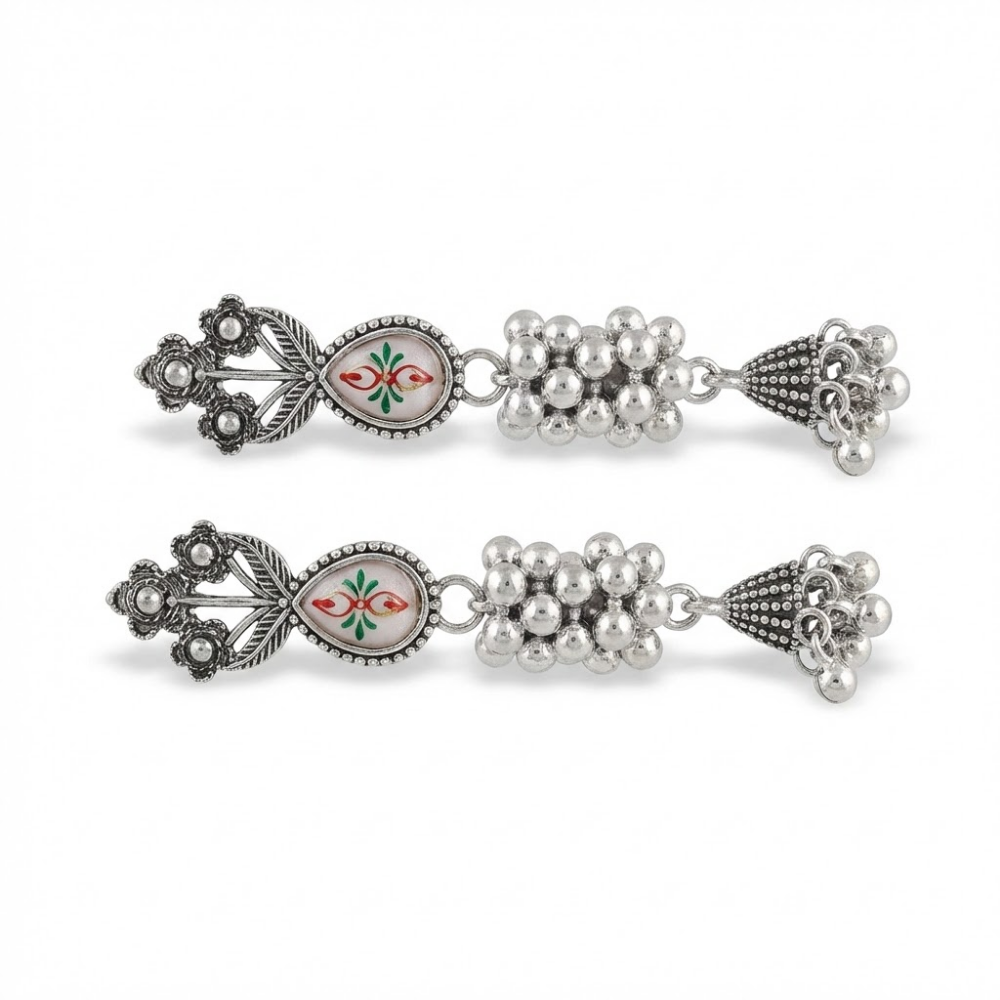 Oxidised Silver Floral Enamel Drop Earrings with Ghungroo Tassels | Vintage Ethnic Statement Earrings