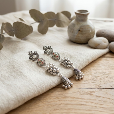Oxidised Silver Floral Enamel Drop Earrings with Ghungroo Tassels | Vintage Ethnic Statement Earrings