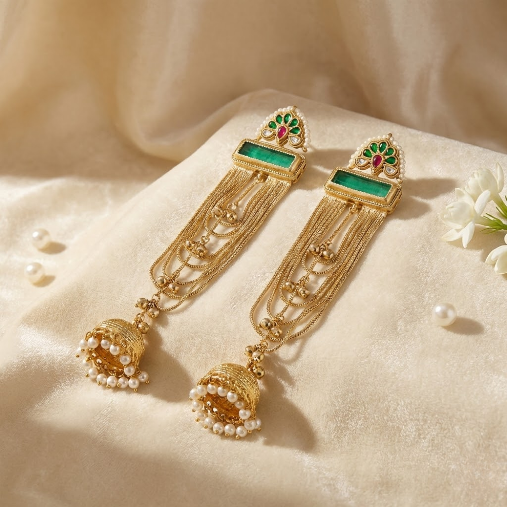 Royal Emerald Kundan Chain Jhumka Earrings with Pearl Drops | Traditional Long Gold Finish Earrings for Weddings