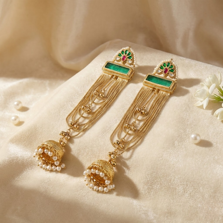 Royal Emerald Kundan Chain Jhumka Earrings with Pearl Drops | Traditional Long Gold Finish Earrings for Weddings