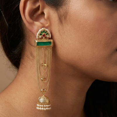 Royal Emerald Kundan Chain Jhumka Earrings with Pearl Drops | Traditional Long Gold Finish Earrings for Weddings