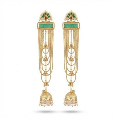 Royal Emerald Kundan Chain Jhumka Earrings with Pearl Drops | Traditional Long Gold Finish Earrings for Weddings