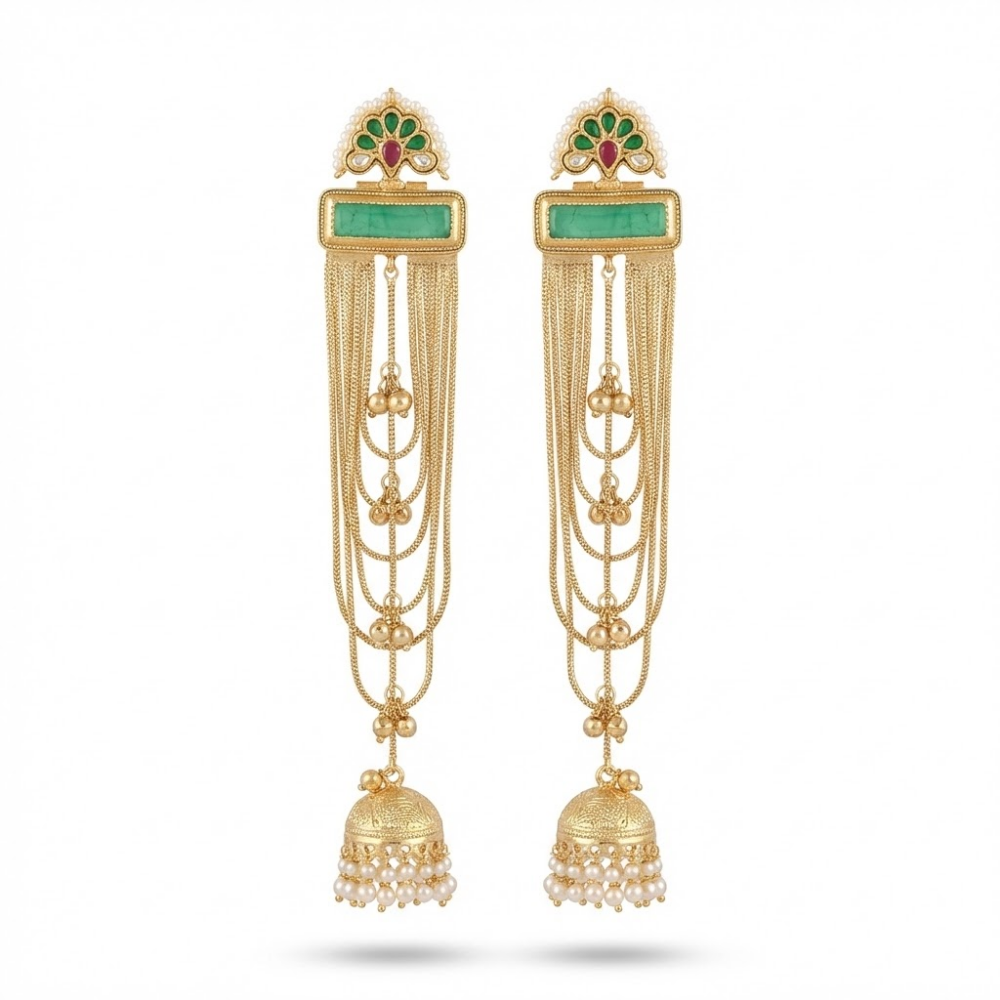 Royal Emerald Kundan Chain Jhumka Earrings with Pearl Drops | Traditional Long Gold Finish Earrings for Weddings