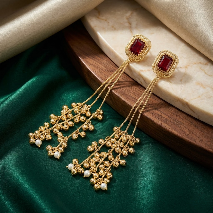 Royal Ruby Red Stone Long Tassel Earrings with Gold Beads & Pearl Drops