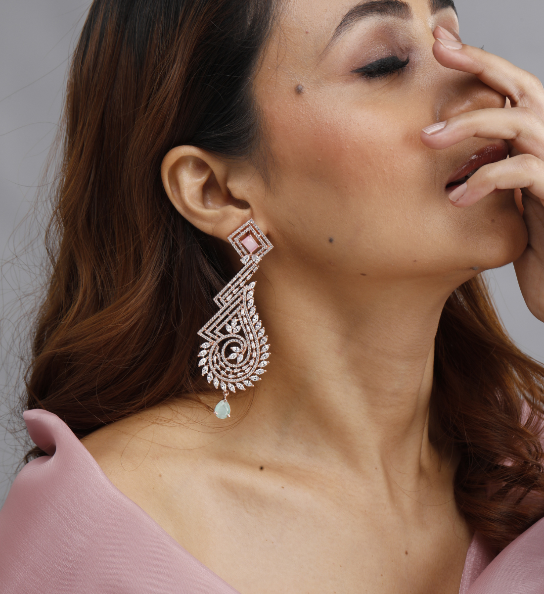 Spiral Diamond and Pink Stone Statement Earrings