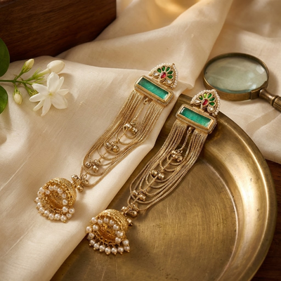 Royal Emerald Kundan Chain Jhumka Earrings with Pearl Drops | Traditional Long Gold Finish Earrings for Weddings