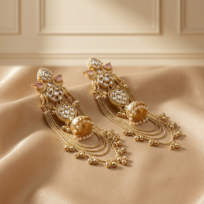 Royal Kundan Pearl Jhumka Long Earrings – Gold Finish Chandbali Dangler with Tassel Chains