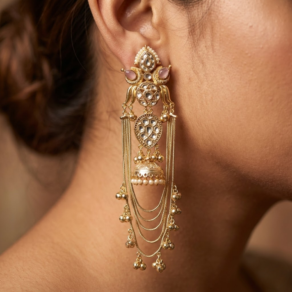 Royal Kundan Pearl Jhumka Long Earrings – Gold Finish Chandbali Dangler with Tassel Chains
