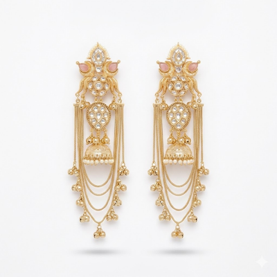 Royal Kundan Pearl Jhumka Long Earrings – Gold Finish Chandbali Dangler with Tassel Chains