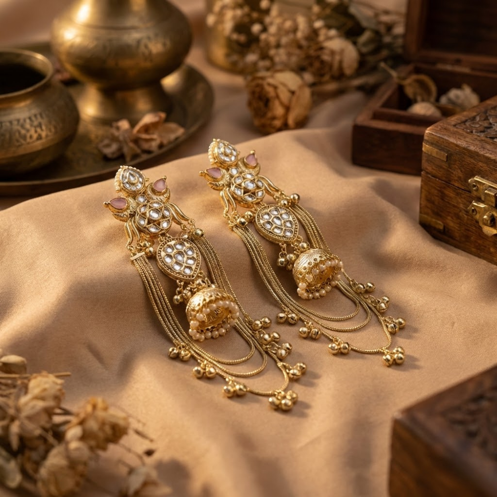 Royal Kundan Pearl Jhumka Long Earrings – Gold Finish Chandbali Dangler with Tassel Chains