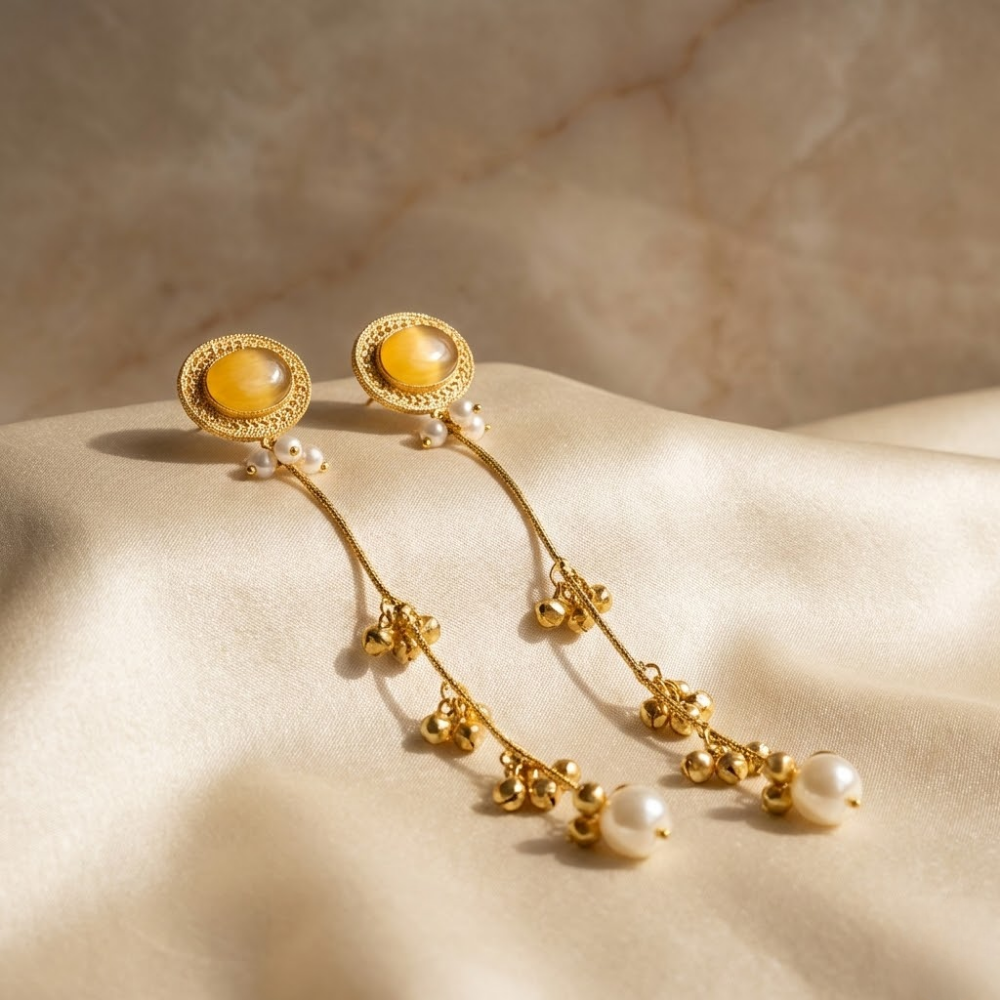 Golden Amber Stone Long Drop Earrings with Pearl Finish & Bead Tassels – Elegant Partywear Dangler Earrings