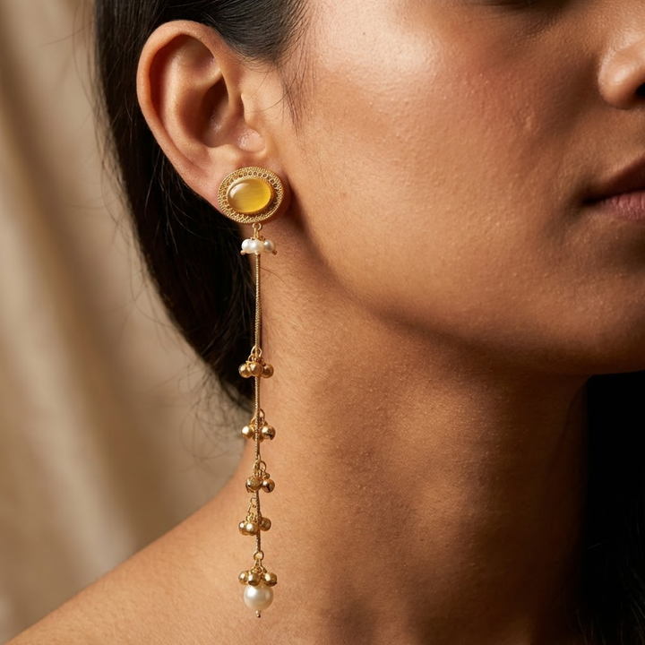 Golden Amber Stone Long Drop Earrings with Pearl Finish & Bead Tassels – Elegant Partywear Dangler Earrings