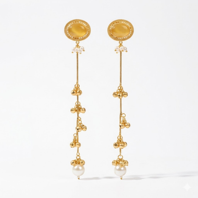 Golden Amber Stone Long Drop Earrings with Pearl Finish & Bead Tassels – Elegant Partywear Dangler Earrings