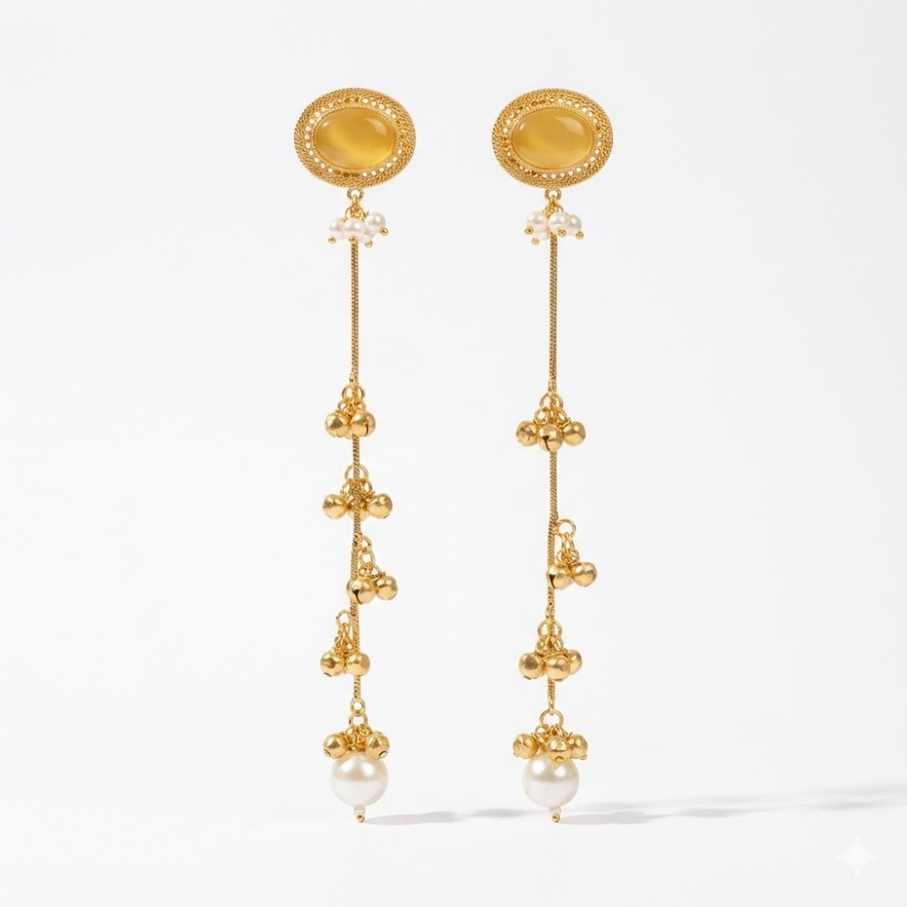 Golden Amber Stone Long Drop Earrings with Pearl Finish & Bead Tassels – Elegant Partywear Dangler Earrings