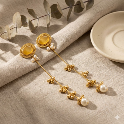 Golden Amber Stone Long Drop Earrings with Pearl Finish & Bead Tassels – Elegant Partywear Dangler Earrings