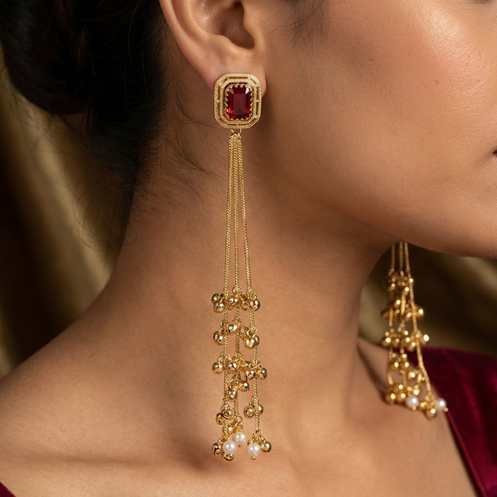Royal Ruby Red Stone Long Tassel Earrings with Gold Beads & Pearl Drops