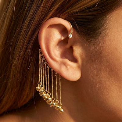 Minimal Gold Chain Tassel Ear Cuff with Beaded Drops | Trendy No-Piercing Statement Ear Crawler