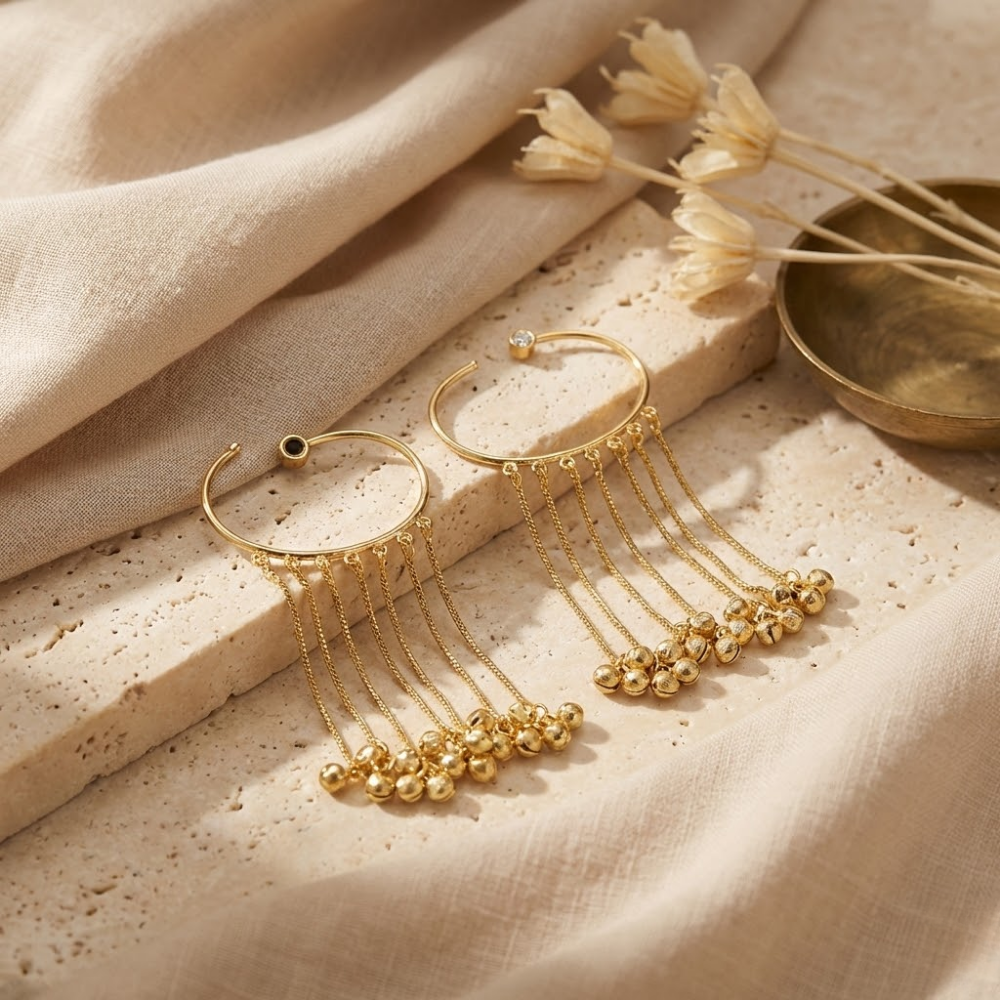 Minimal Gold Chain Tassel Ear Cuff with Beaded Drops | Trendy No-Piercing Statement Ear Crawler