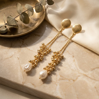 Gold Beaded Long Drop Earrings with Textured Studs & Pearl Finish – Elegant Statement Earrings for Women