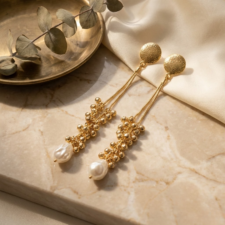 Gold Beaded Long Drop Earrings with Textured Studs & Pearl Finish – Elegant Statement Earrings for Women