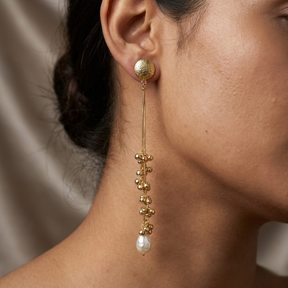 Gold Beaded Long Drop Earrings with Textured Studs & Pearl Finish – Elegant Statement Earrings for Women
