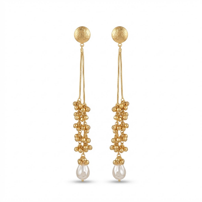 Gold Beaded Long Drop Earrings with Textured Studs & Pearl Finish – Elegant Statement Earrings for Women