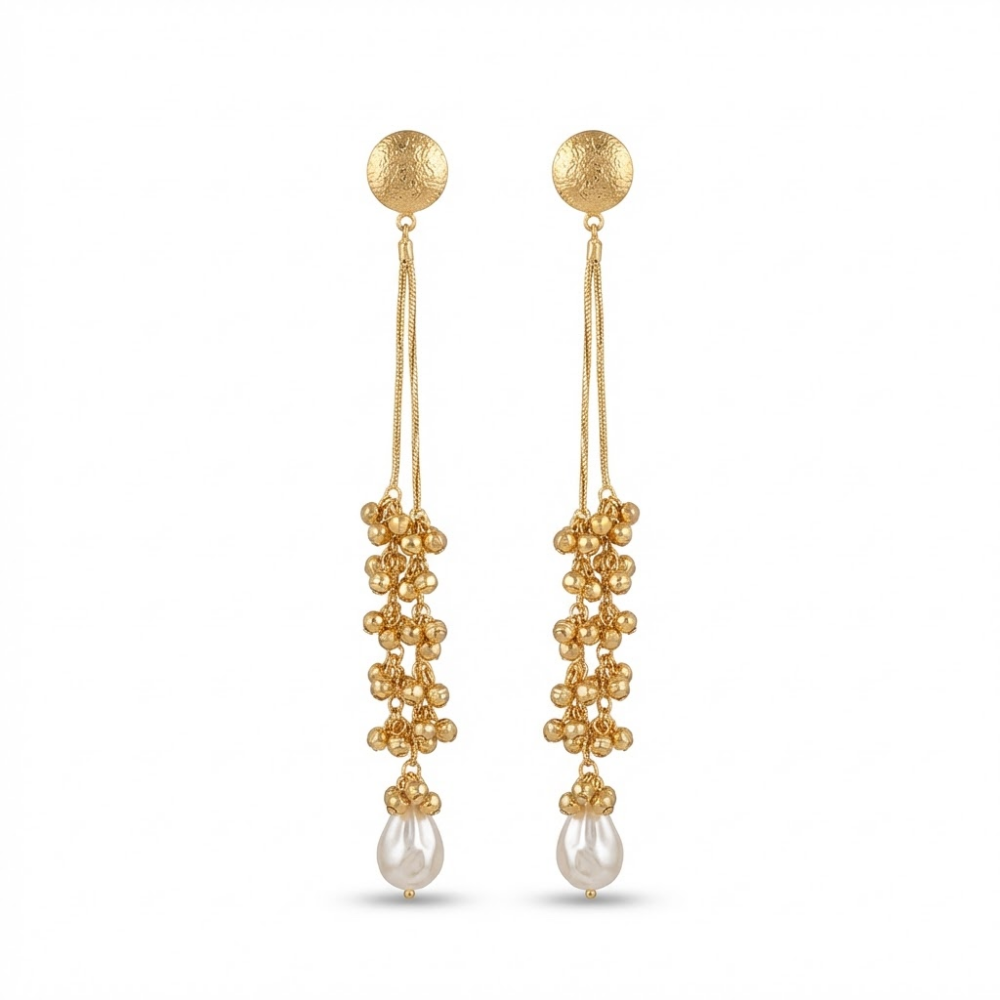 Gold Beaded Long Drop Earrings with Textured Studs & Pearl Finish – Elegant Statement Earrings for Women