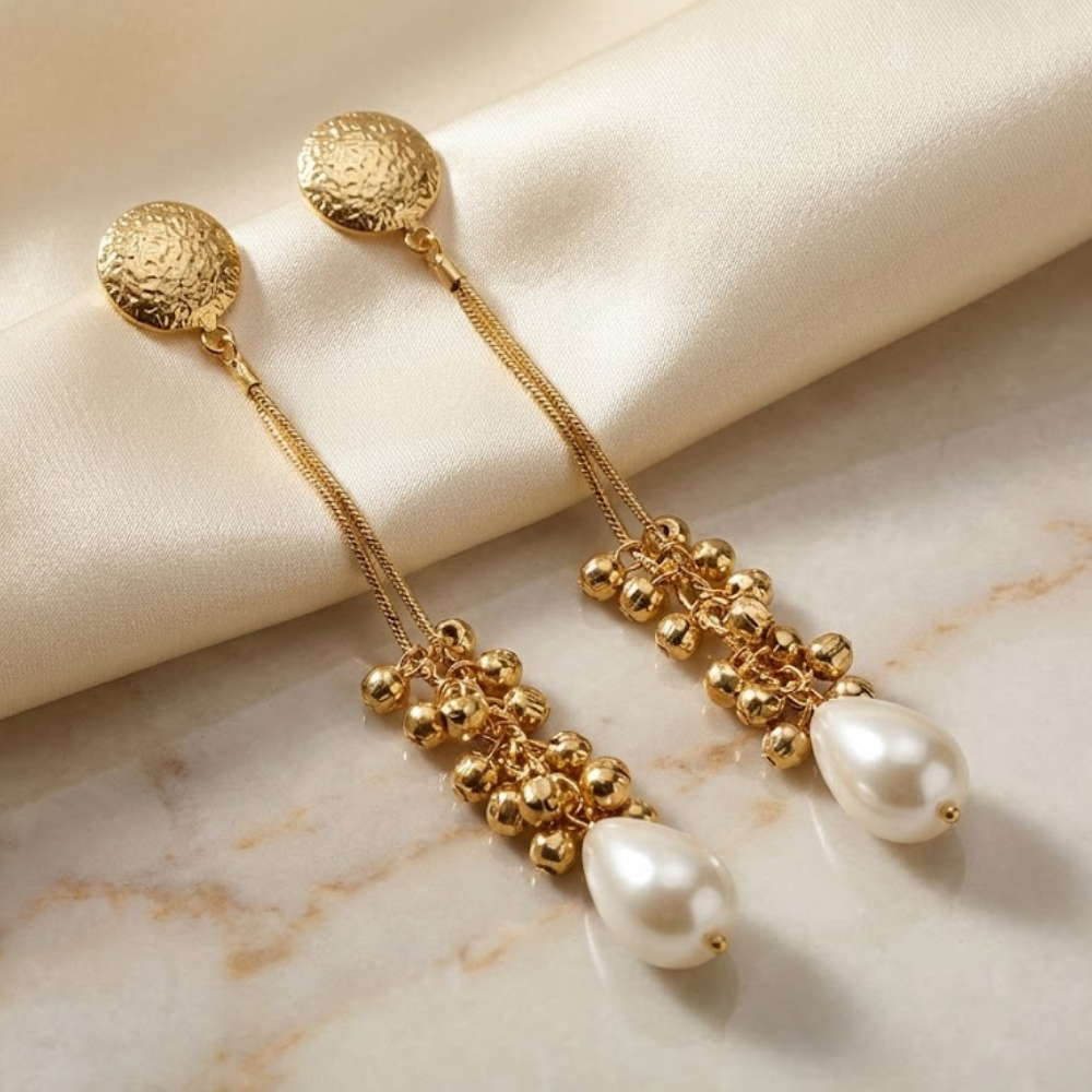 Gold Beaded Long Drop Earrings with Textured Studs & Pearl Finish – Elegant Statement Earrings for Women