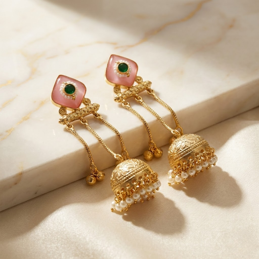 Blush Pink Stone Jhumka Earrings with Pearl Drops | Traditional Gold Finish Long Ethnic Earrings for Festive & Wedding Wear