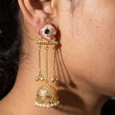 Blush Pink Stone Jhumka Earrings with Pearl Drops | Traditional Gold Finish Long Ethnic Earrings for Festive & Wedding Wear