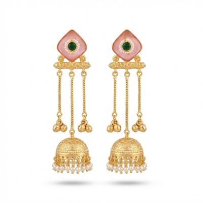 Blush Pink Stone Jhumka Earrings with Pearl Drops | Traditional Gold Finish Long Ethnic Earrings for Festive & Wedding Wear