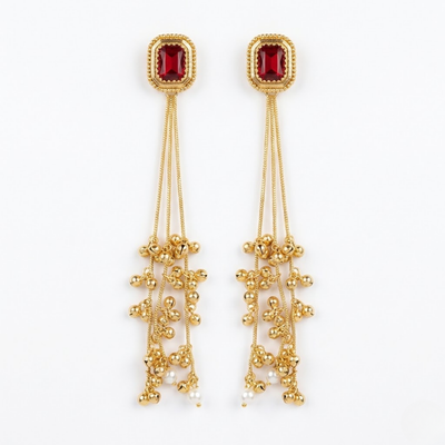 Royal Ruby Red Stone Long Tassel Earrings with Gold Beads & Pearl Drops