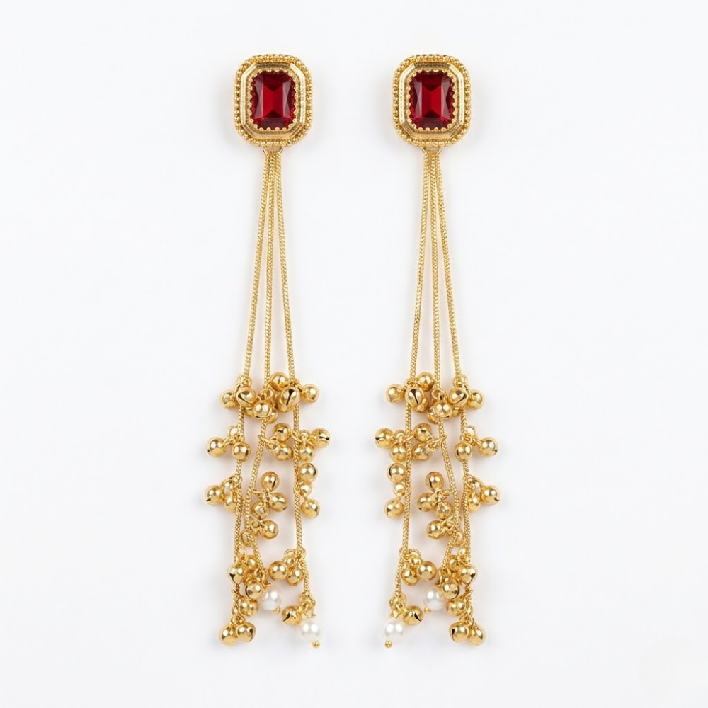 Royal Ruby Red Stone Long Tassel Earrings with Gold Beads & Pearl Drops