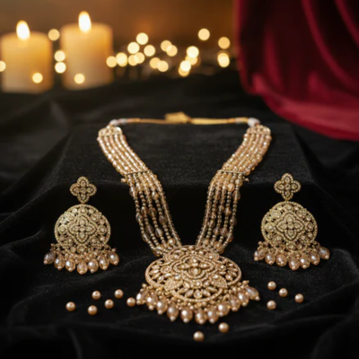 Golden Beaded Long Necklace Set