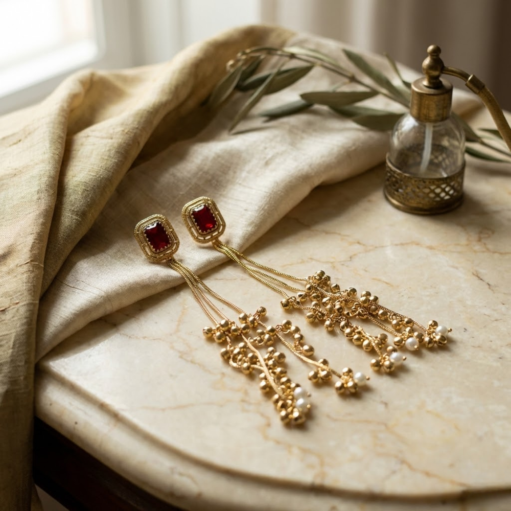 Royal Ruby Red Stone Long Tassel Earrings with Gold Beads & Pearl Drops