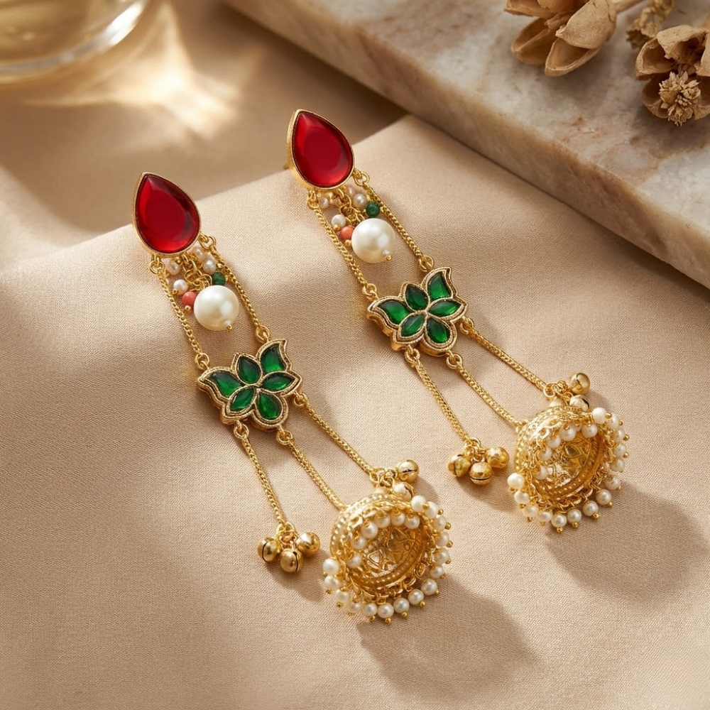 Royal Red & Emerald Floral Jhumka Drop Earrings with Pearls | Traditional Gold Finish Long Earrings