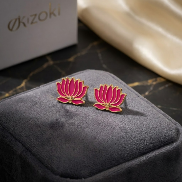 Pink Lotus Flower Stud Earrings in Gold Finish – Minimal Ethnic Daily Wear Earrings for Women