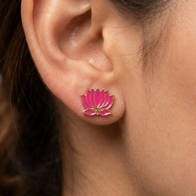 Pink Lotus Flower Stud Earrings in Gold Finish – Minimal Ethnic Daily Wear Earrings for Women