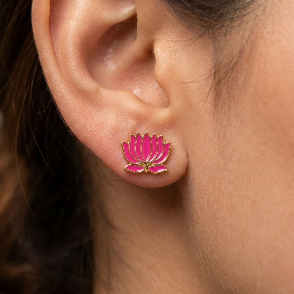 Pink Lotus Flower Stud Earrings in Gold Finish – Minimal Ethnic Daily Wear Earrings for Women