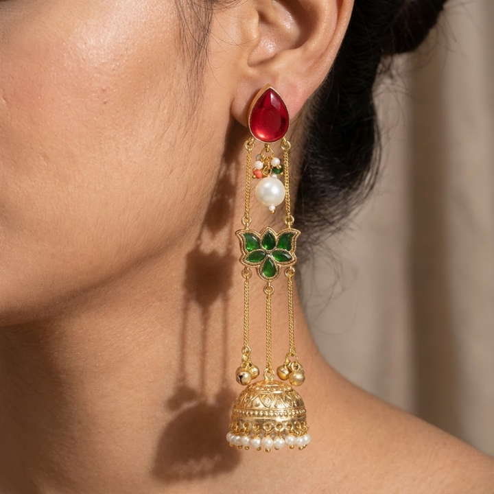 Royal Red & Emerald Floral Jhumka Drop Earrings with Pearls | Traditional Gold Finish Long Earrings