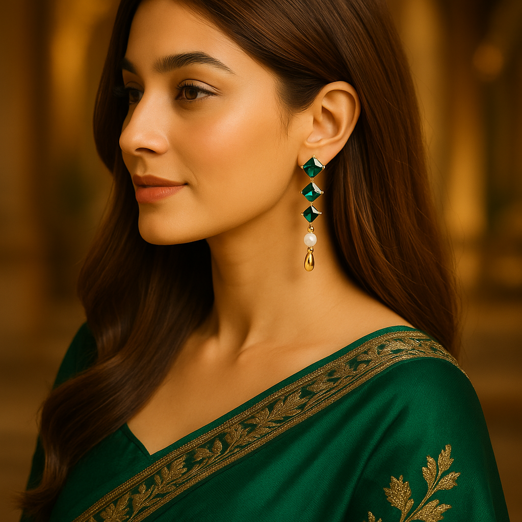 Elena Emerald Pearl Korean Earrings