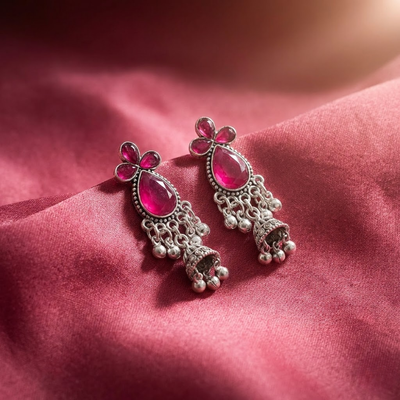 Ruby Pink Stone Silver Jhumki Earrings with Chain Drops | Oxidised Traditional Statement Earrings
