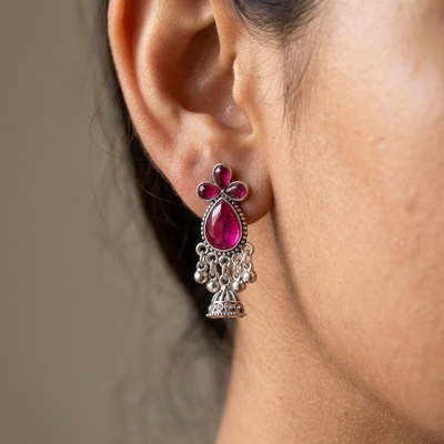 Ruby Pink Stone Silver Jhumki Earrings with Chain Drops | Oxidised Traditional Statement Earrings