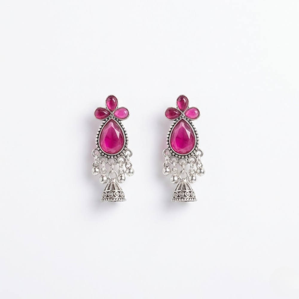 Ruby Pink Stone Silver Jhumki Earrings with Chain Drops | Oxidised Traditional Statement Earrings