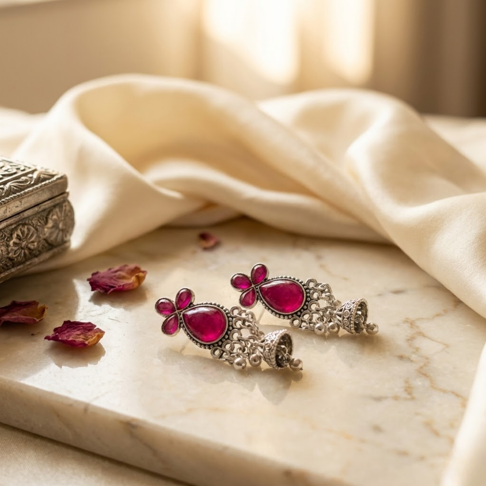 Ruby Pink Stone Silver Jhumki Earrings with Chain Drops | Oxidised Traditional Statement Earrings