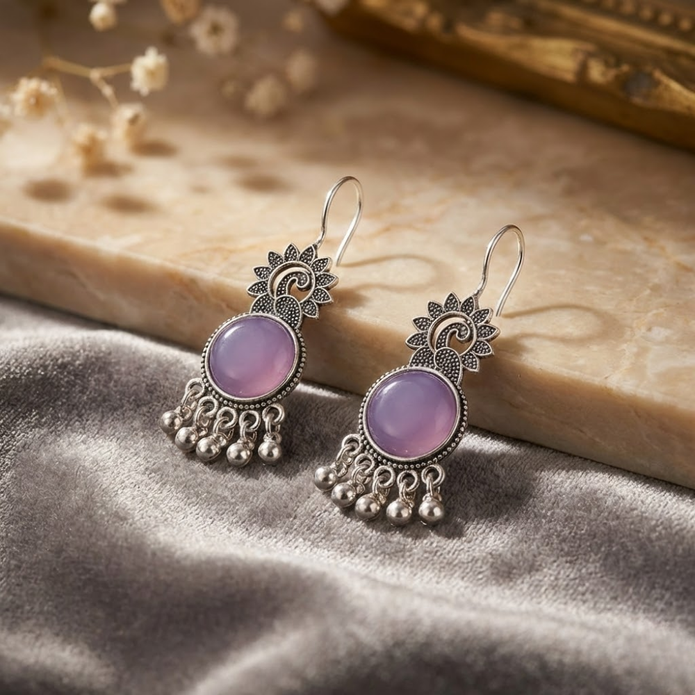 Lavender Bloom Oxidised Silver Drop Earrings