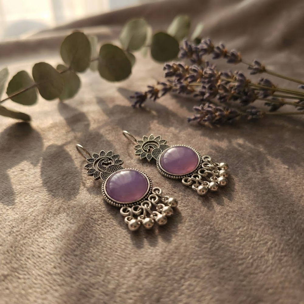Lavender Bloom Oxidised Silver Drop Earrings