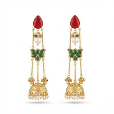 Royal Red & Emerald Floral Jhumka Drop Earrings with Pearls | Traditional Gold Finish Long Earrings
