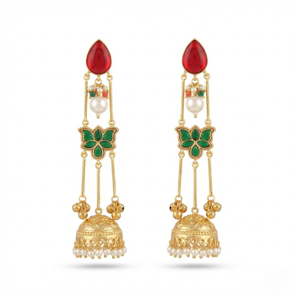 Royal Red & Emerald Floral Jhumka Drop Earrings with Pearls | Traditional Gold Finish Long Earrings