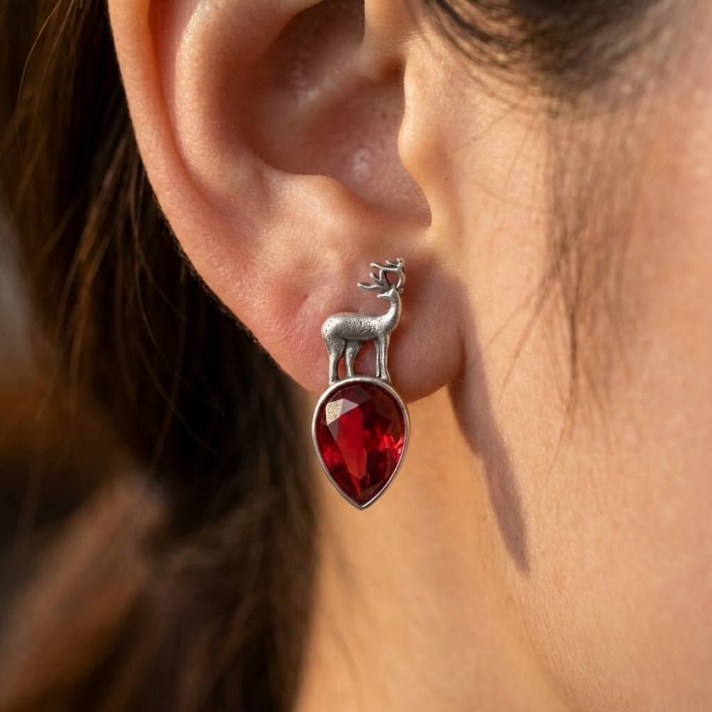 Crimson Stag Oxidised Silver Stud Earrings